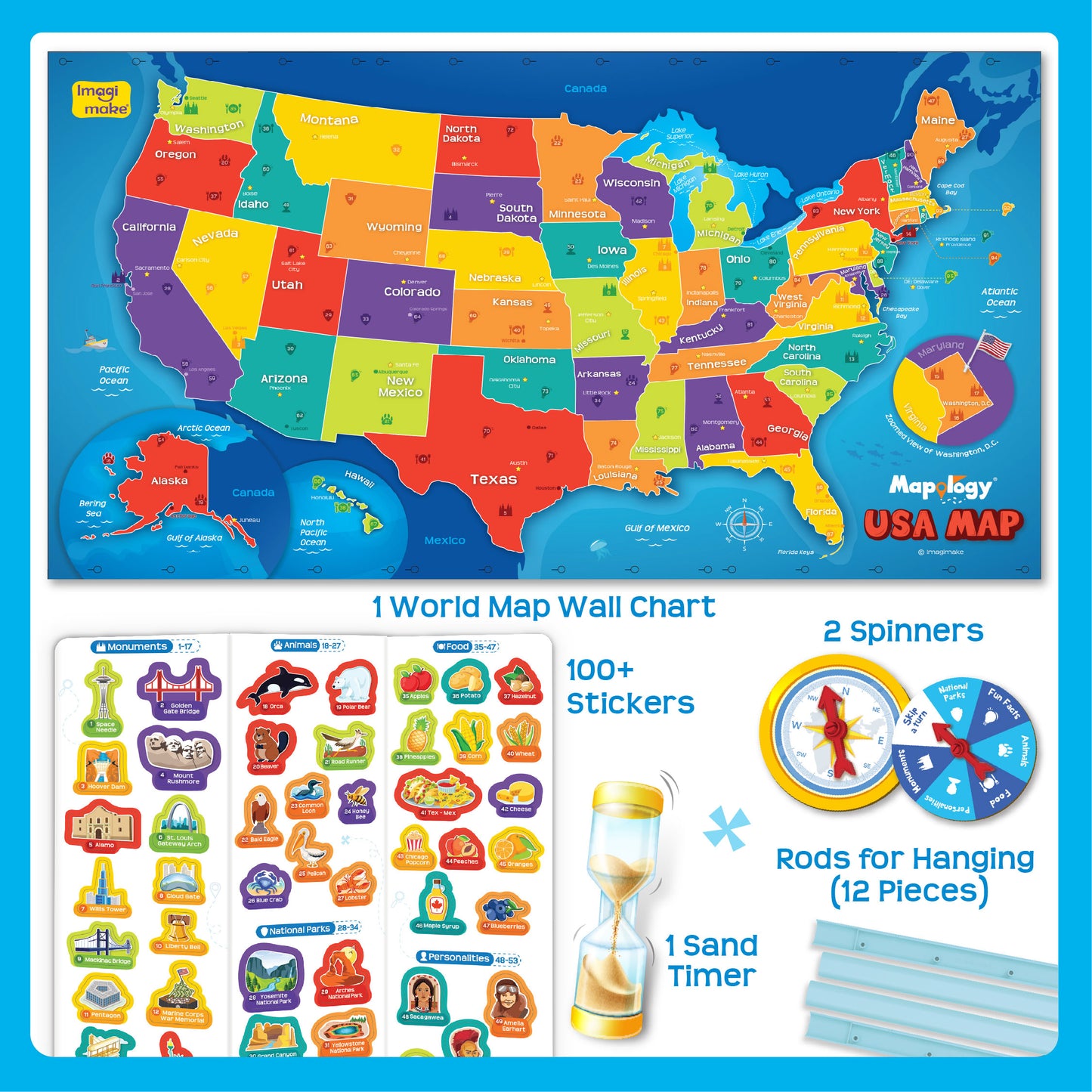 Mapology USA Map Wall Chart with Reusable Stickers